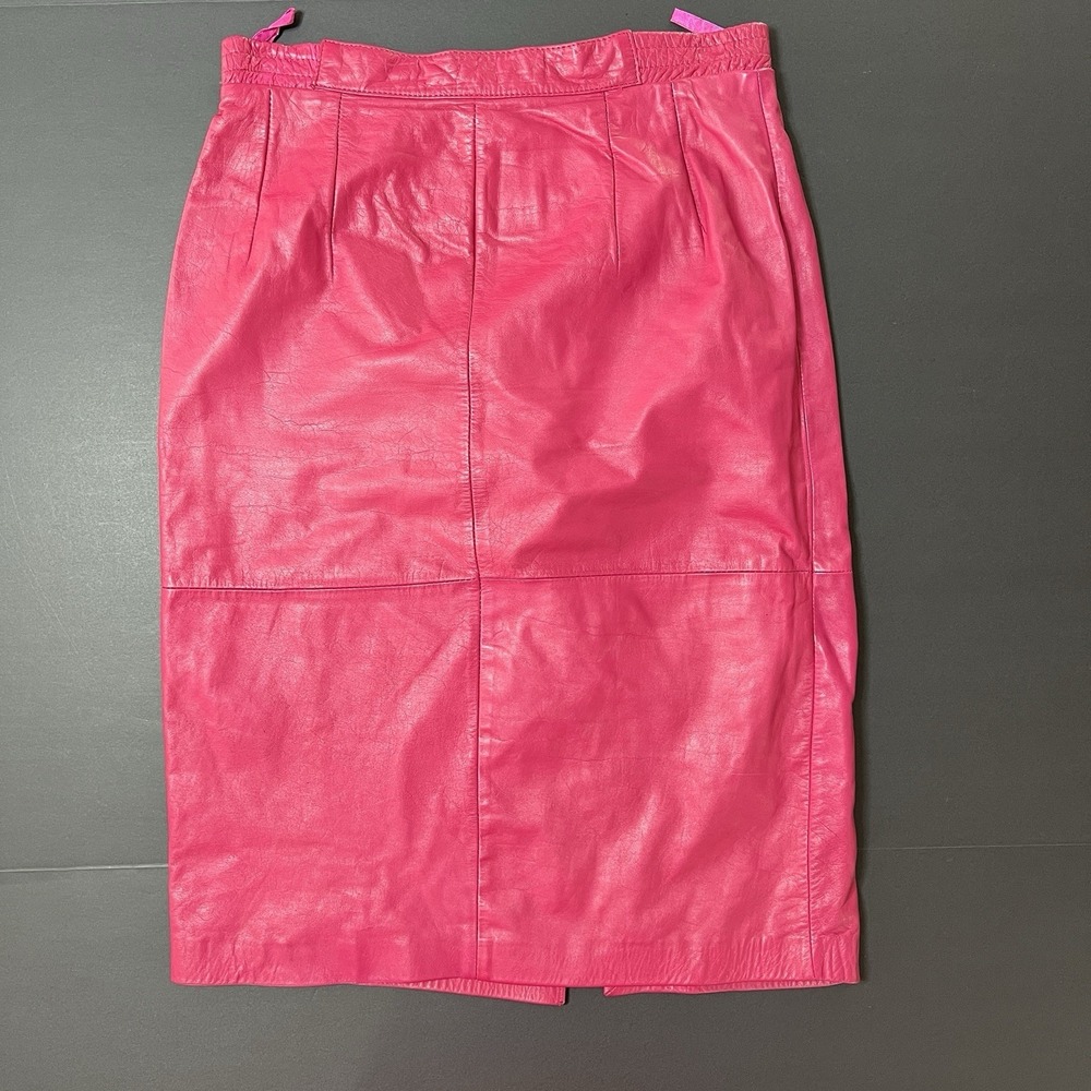 Vintage Diversity Leather Skirt Size 10 Pink Pencil Knee Length Lined Zip 90s